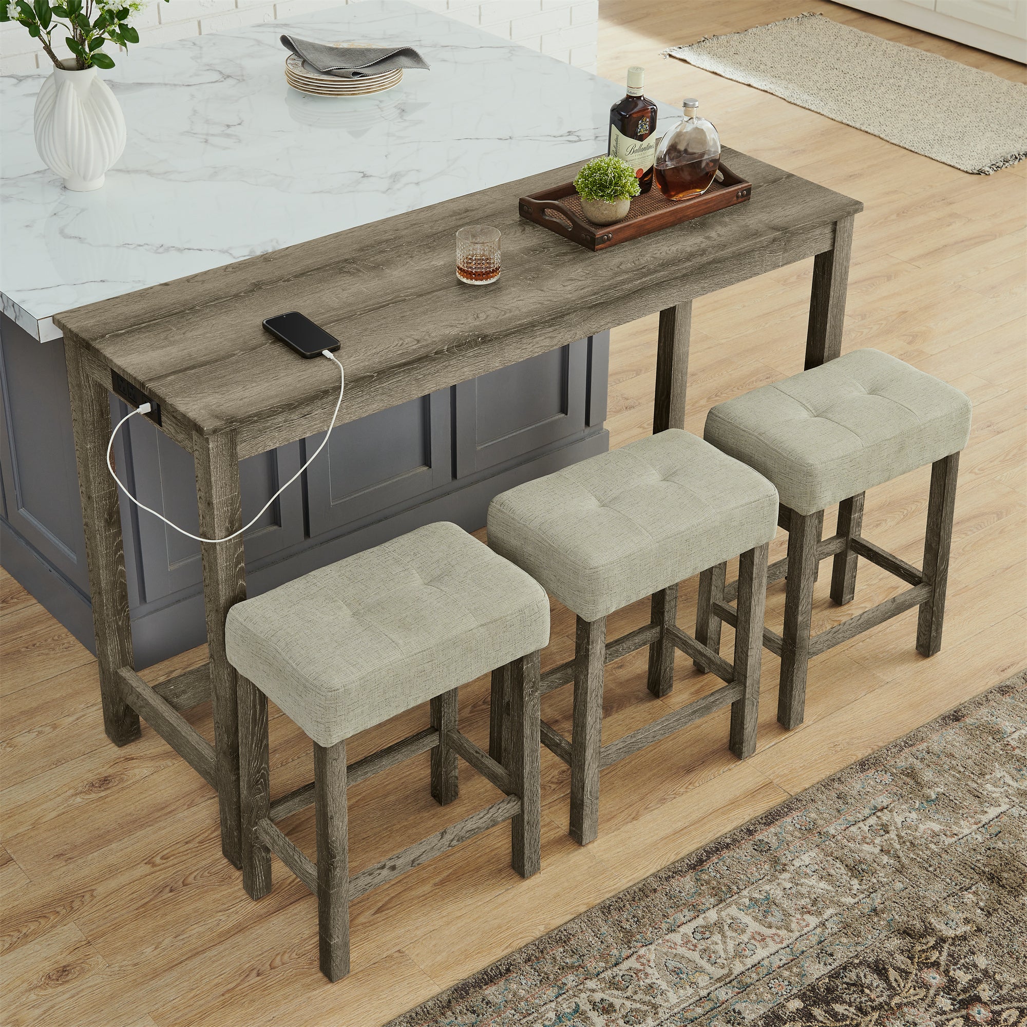 59 Inch Bar Table, Dining Table, Sofa Table with Power Outlet, 3 Upholstered Stools, 4 Piece Bar Table and Chair Set for Living Room, Dining Room, Kitchen - Grand Goldman Shop