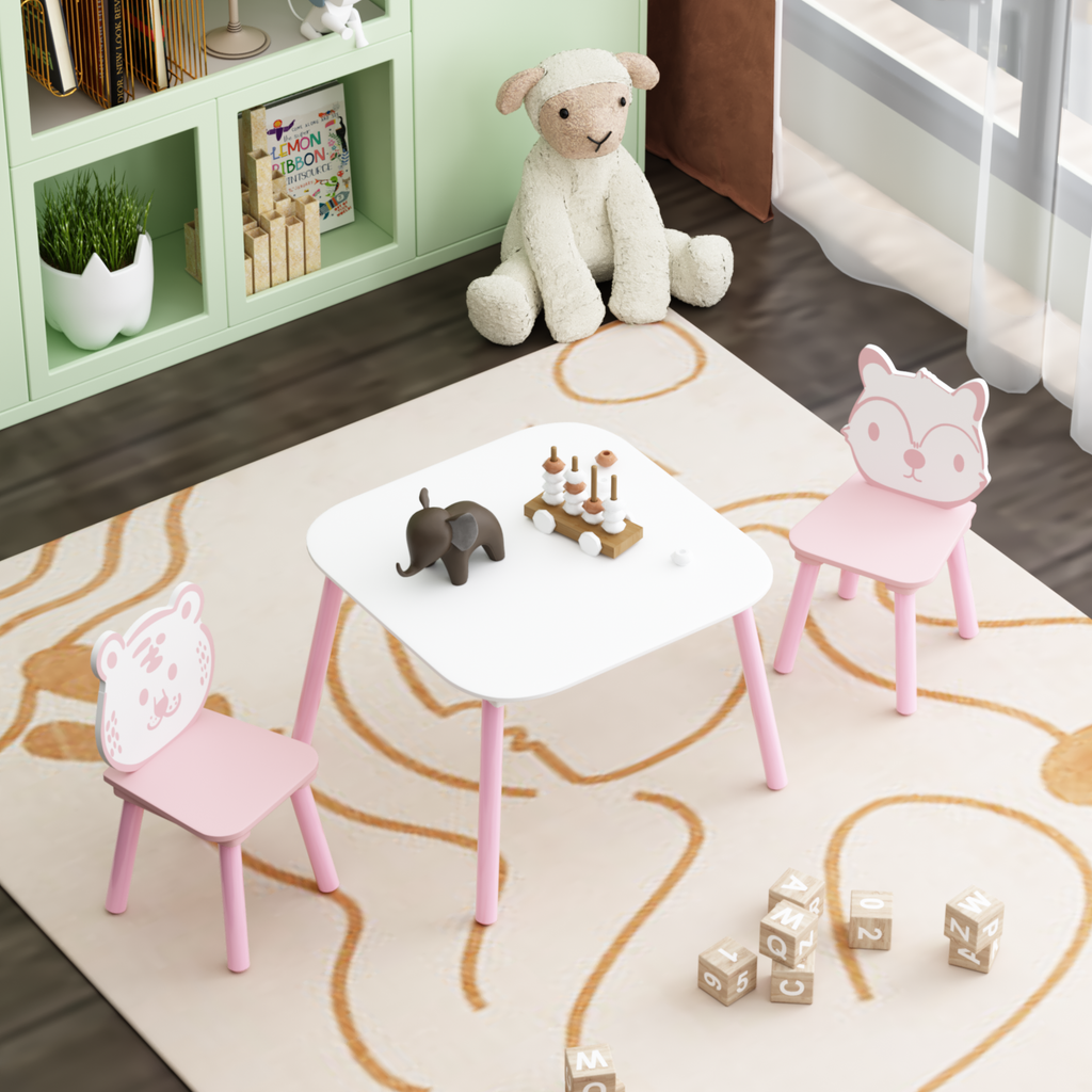 Kids Table and Chair Set, 3-Piece Wooden Toddler Desk with Animal Backrest, Activity Table for Drawing, Learning,Playroom or 