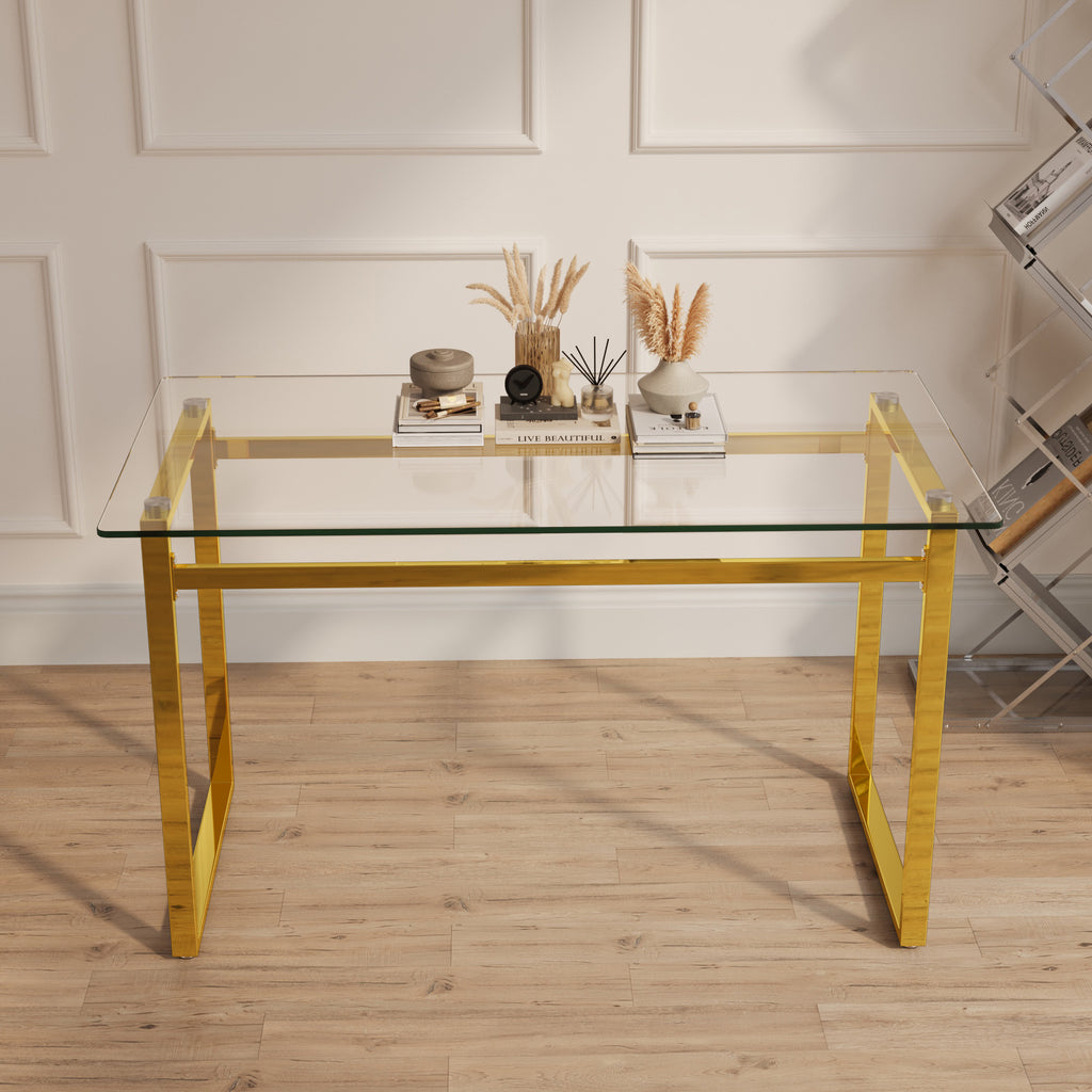 Modern Minimalist Rectangular Glass Dining Table with Tempered Glass Tabletop and Golden Chrome Metal Legs for 4-6 - Grand Goldman Shop