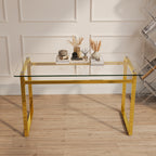 Modern Minimalist Rectangular Glass Dining Table with Tempered Glass Tabletop and Golden Chrome Metal Legs for 4-6 - Grand Goldman Shop