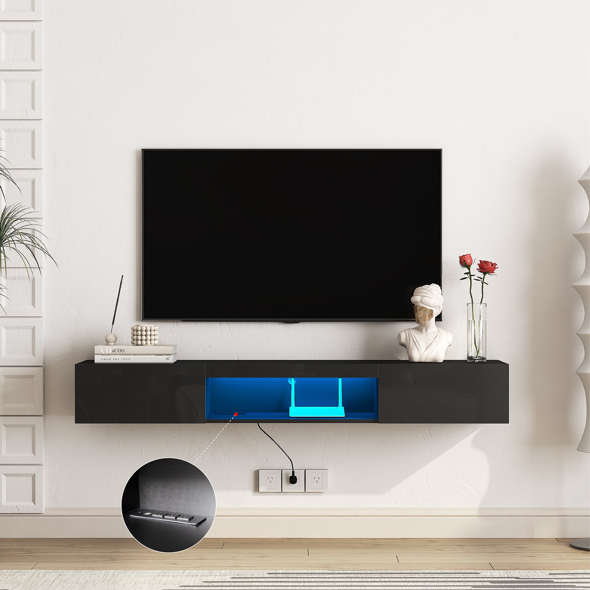 Floating TV Stand Wall Mounted with 16 Color LEDs,63' Modern TV Stand, Floating TV Cabinet Entertainment Center for 55 60 65 Inch TV,Black - Grand Goldman Shop