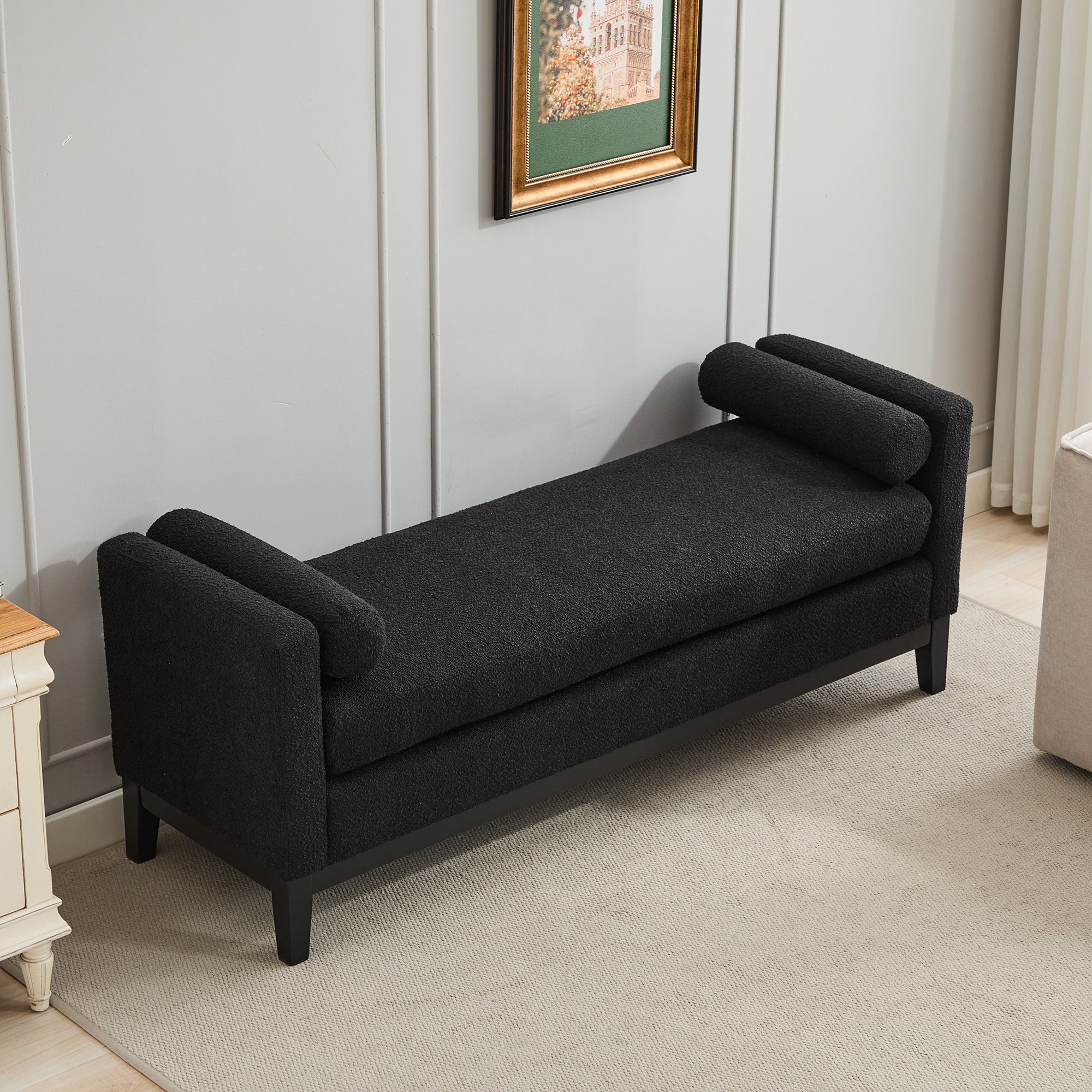 Elegant Upholstered Bench, Daybed, Ottoman with Wood Legs & 2 Bolster Pillows, Black Boucle, 66.34' - Grand Goldman Shop