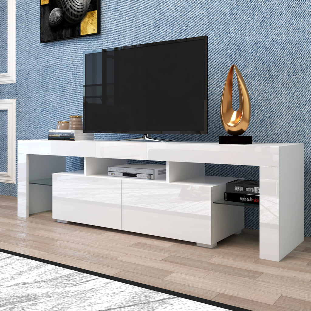 Modern White TV Stand, 20 Colors LED TV Stand w/Remote Control Lights - Grand Goldman Shop