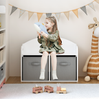 Kids Wooden Toy Box Bench with Collapsible Fabric Drawers, White MDF Storage Cabinet Organizer, 24.6 x 11.8 x 19.1 inches - G