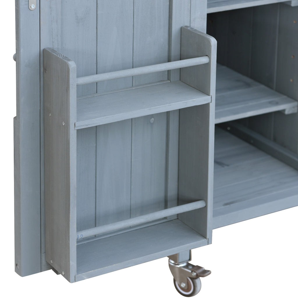 K&K Outdoor Kitchen Island, Rolling Bar Cart & Storage Cabinet, Farmhouse Solid Wood Outdoor Grill Table with Stainless Steel Top, Spice Rack , Towel Rack for Kitchen & BBQ , Grey Blue - Grand Goldman Shop