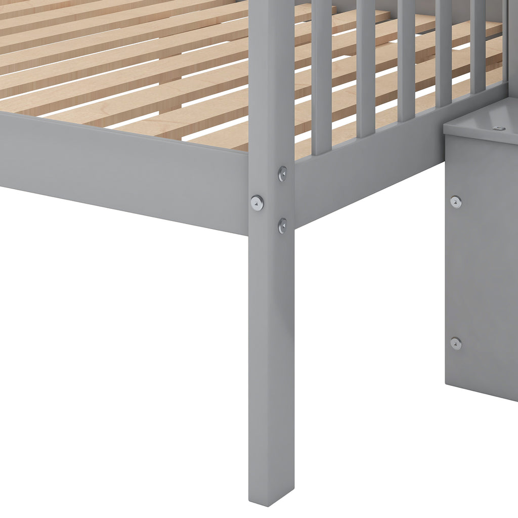 Twin Over Full Stairway Bunk Bed with Storage in Gray, Solid Pine Wood and MDF, 90.8''L x 57.8''W x 65.3''H - Grand Goldman Shop