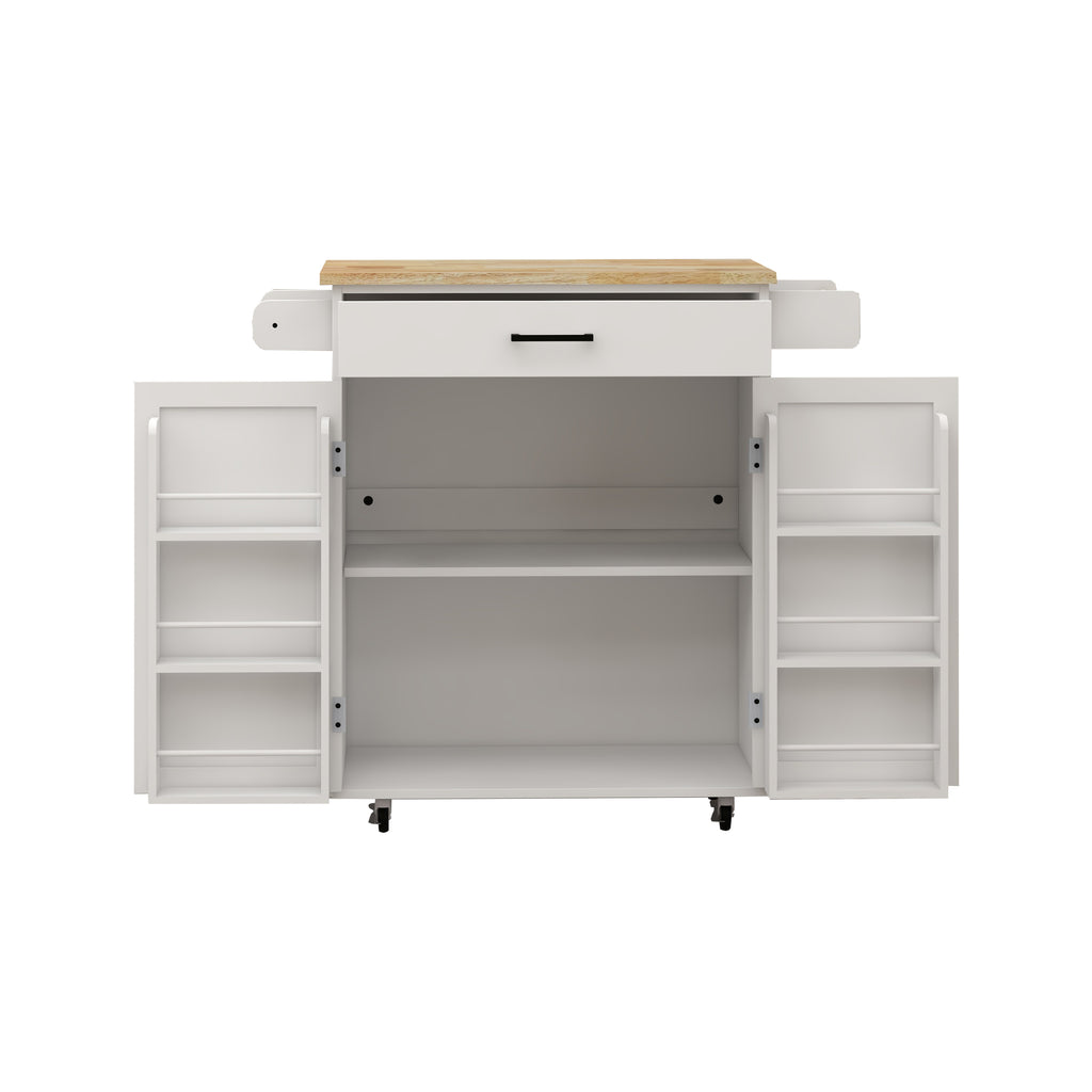 Kitchen island rolling trolley cart with 1 drawer & 2 doors with storage racks & Adjustable Shelves & towel rack & seasoning rack rubber wood table top-White - Grand Goldman Shop