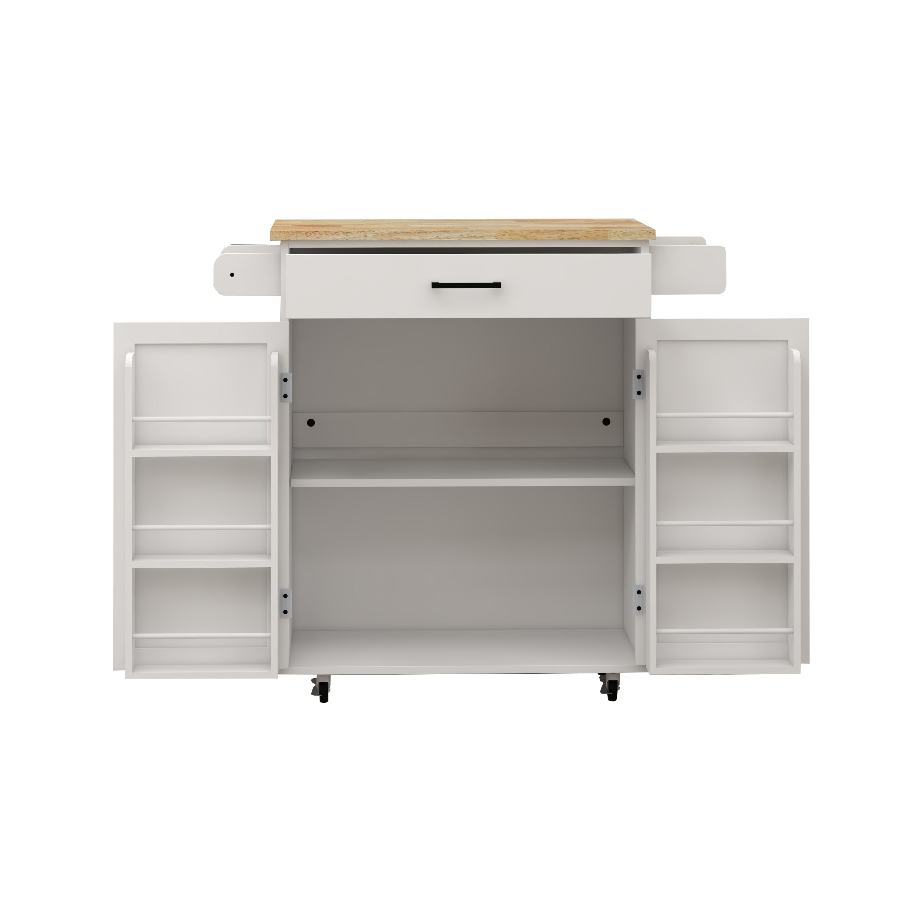 Kitchen island rolling trolley cart with 1 drawer & 2 doors with storage racks & Adjustable Shelves & towel rack & seasoning rack rubber wood table top-White - Grand Goldman Shop