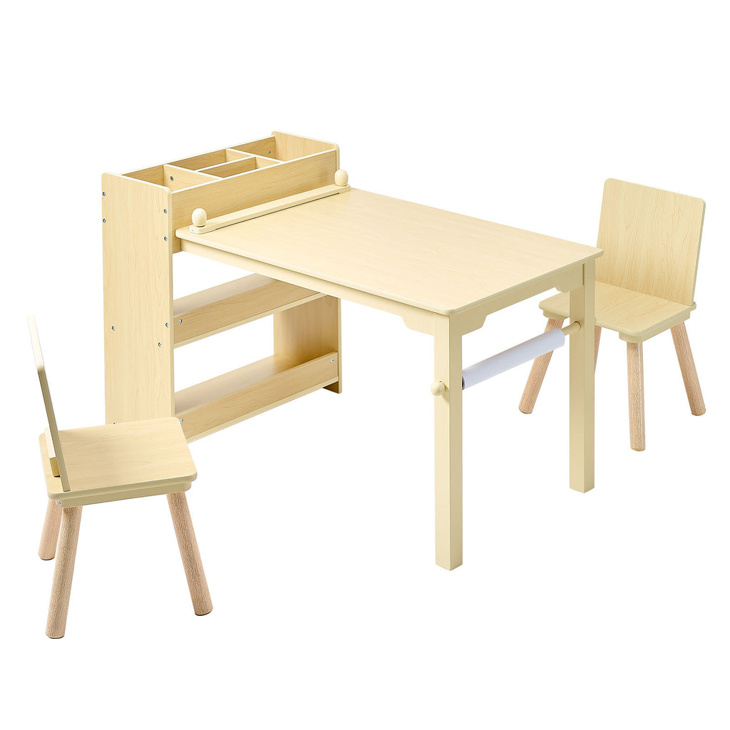 Kids Art Table and Chair Set, Toddler Craft Table with 3 Tiers Storage Cabinet, Wooden Kids Activity Play Desk with 2 Chairs,