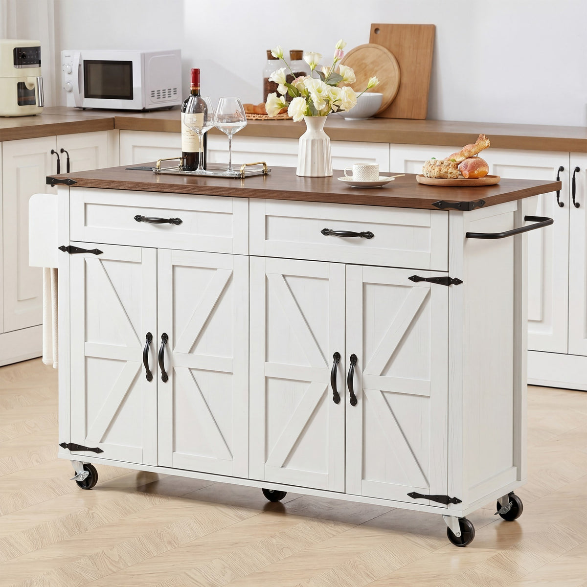 K&K 53.5''Farmhouse Kitchen Island with Power Outlet, Kitchen Storage Island with Drop Leaf, Spice Rack and Drawer, Rolling Kitchen Cart on Wheels, for Home, Kitchen and Dining Room, White - Grand Goldman Shop