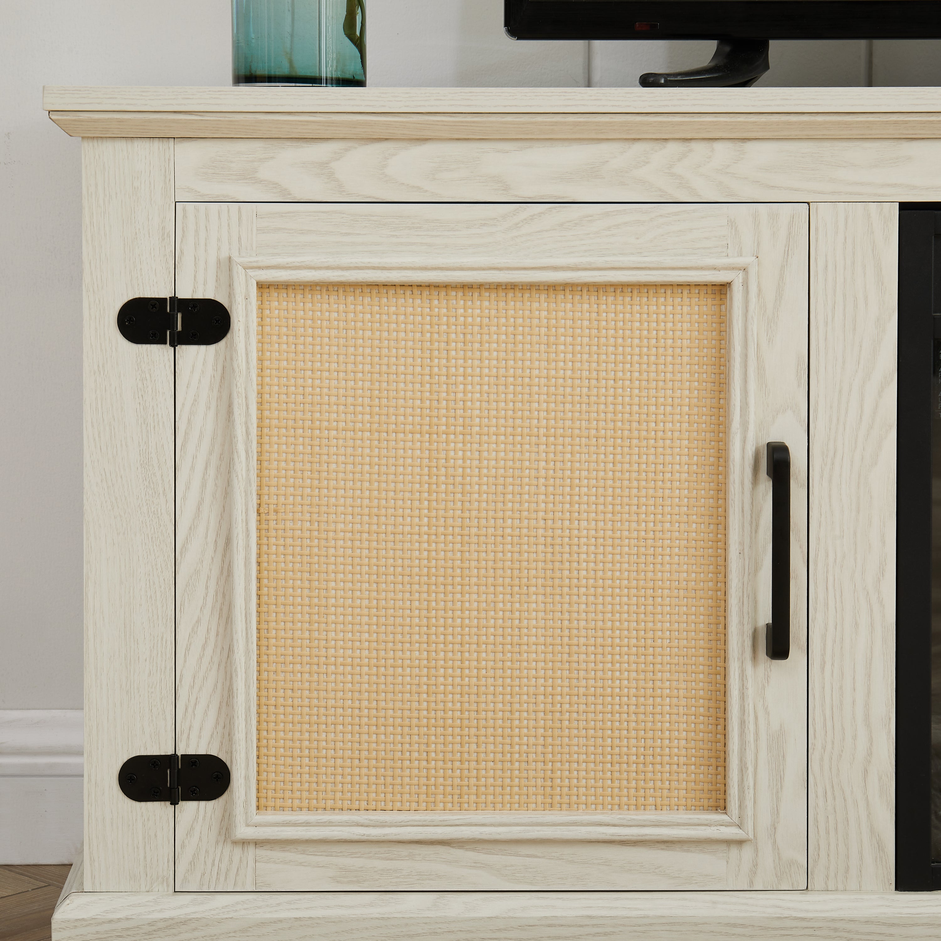 Farmhouse Rattan TV Stand Console Table for TVs up to 70 Inches, TV Console Table with 2 Storage Shelves, 2 Natural Rattan Door Cabinets,65'W*15.55'D*23.86'H, White - Grand Goldman Shop