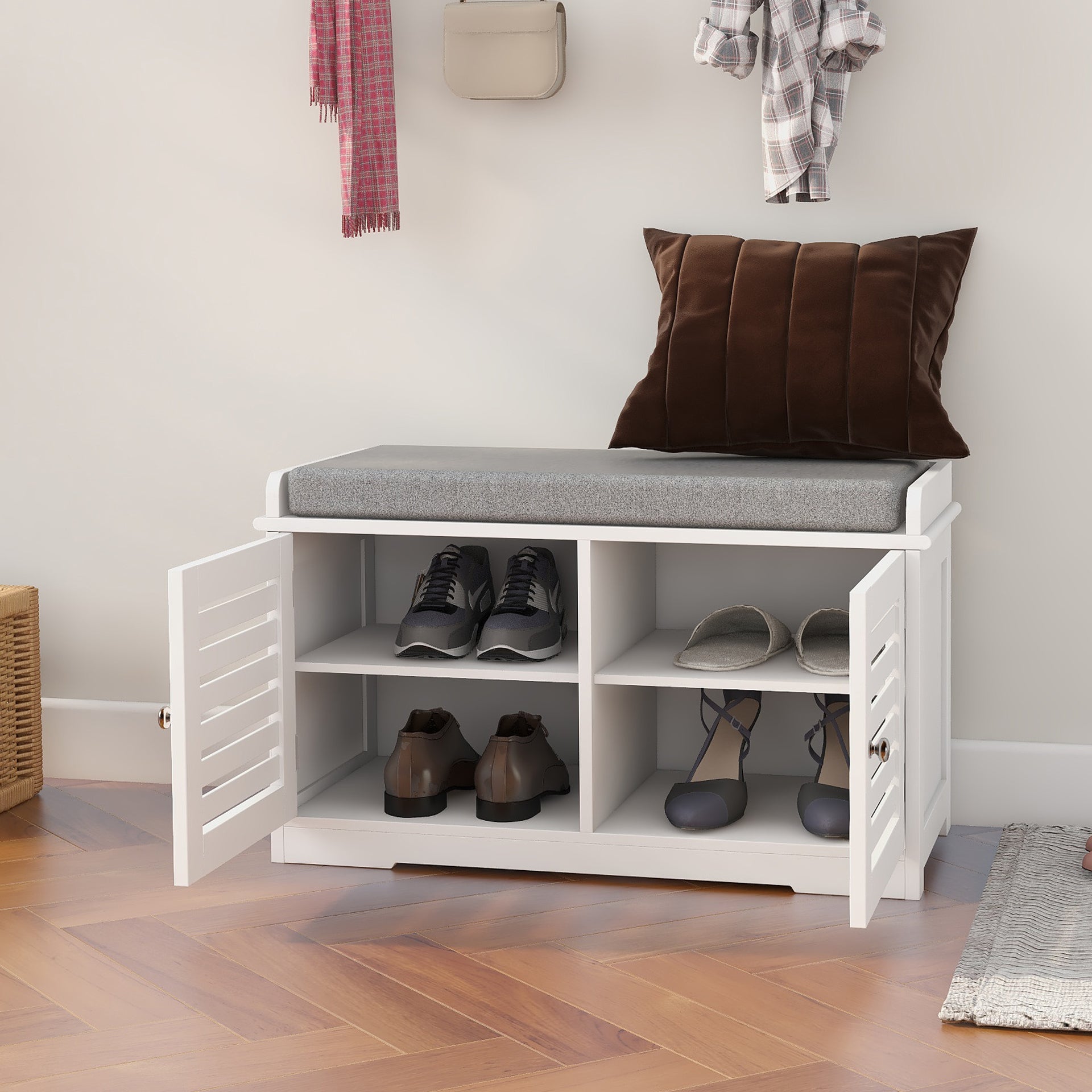 Shoe Storage Bench with Padded Seat Cushion, Entryway Bench with 2 Barn Doors-White - Grand Goldman Shop