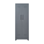 Grey Heavy Duty Metal Storage Cabinet with Locking Doors, Hanging Rod & Shelves, 65' H Broom Closet for Garage or Basement | 