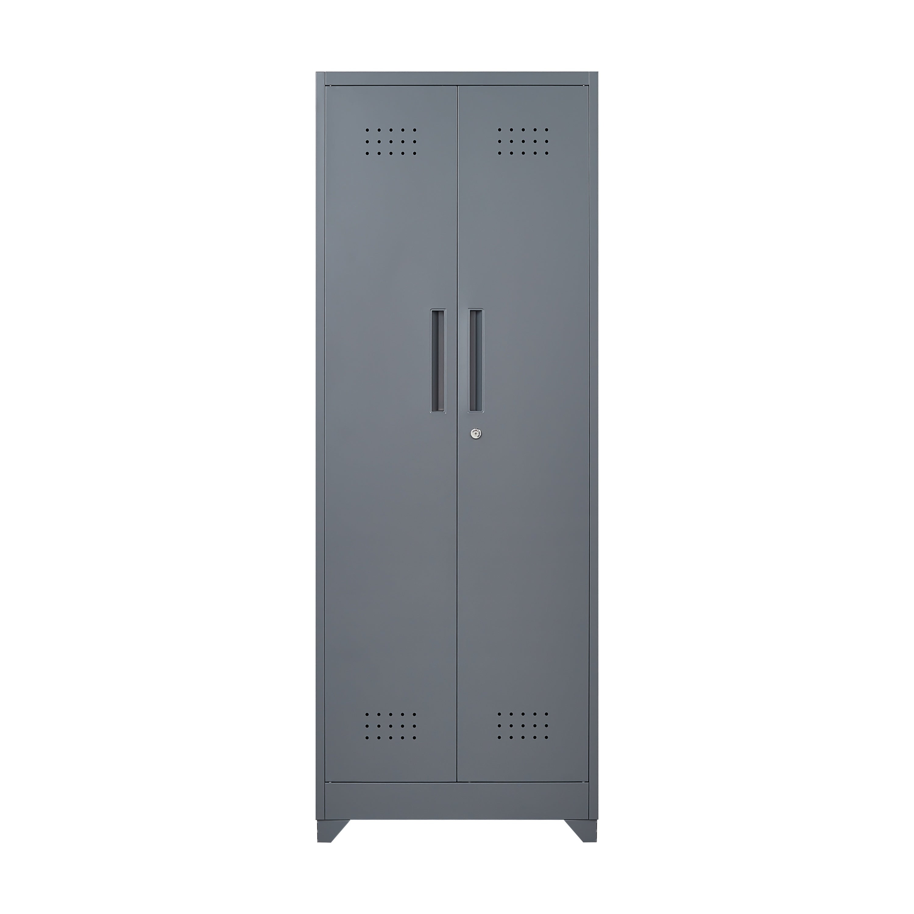 Grey Heavy Duty Metal Storage Cabinet with Locking Doors, Hanging Rod & Shelves, 65' H Broom Closet for Garage or Basement | 