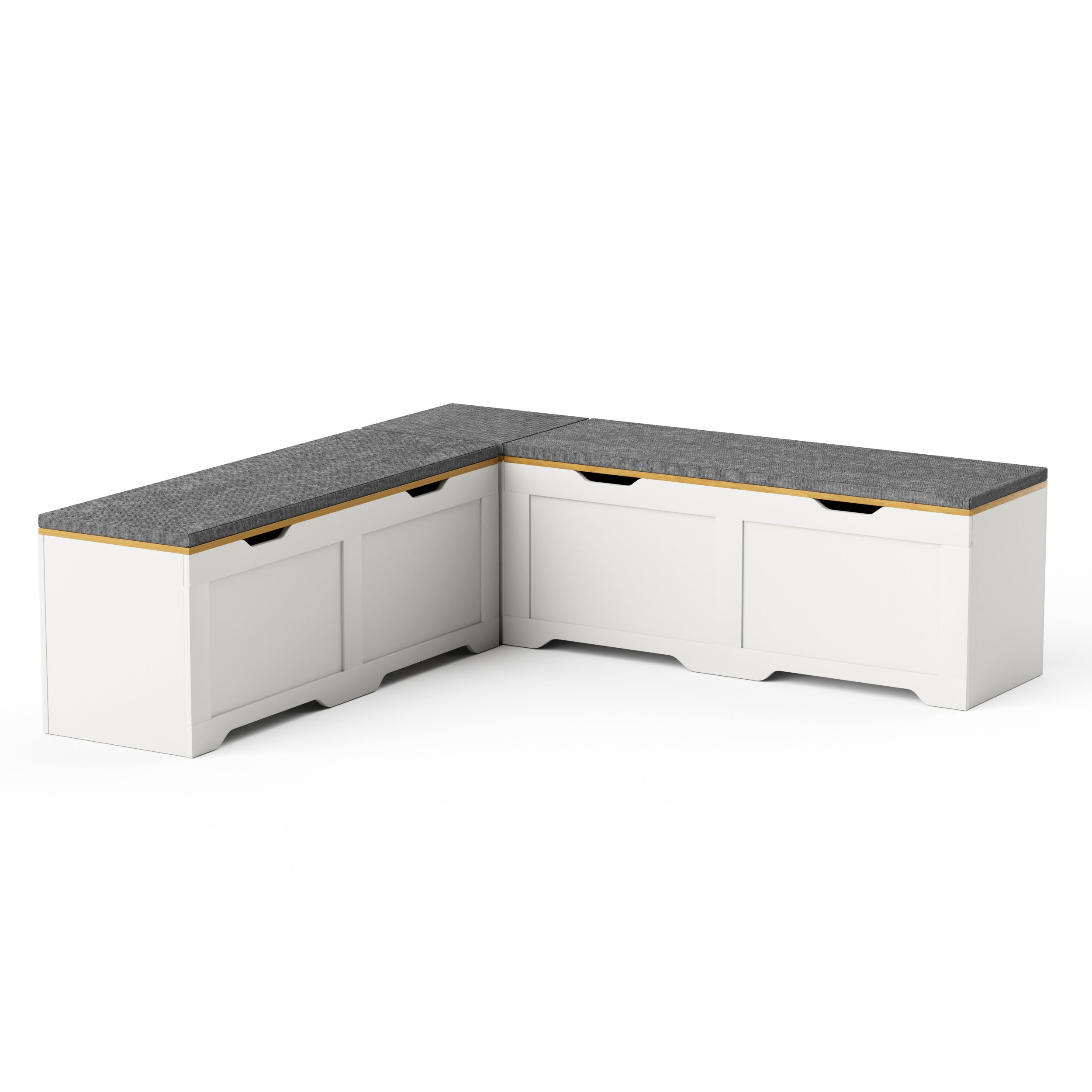3-Piece L-Shaped Multi-Functional Storage Bench with Cushion, serving as a kitchen corner bench, toy storage box, or reading nook seat., White and Natural, 63'D x 63'W x 19.1'H - Grand Goldman Shop