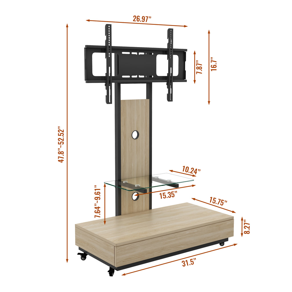 Mobile TV Cart with Push-Pull Drawer for 32-75 Inch TVs, Natural Wood & Glass Stand with Lockable Wheels - Grand Goldman Shop