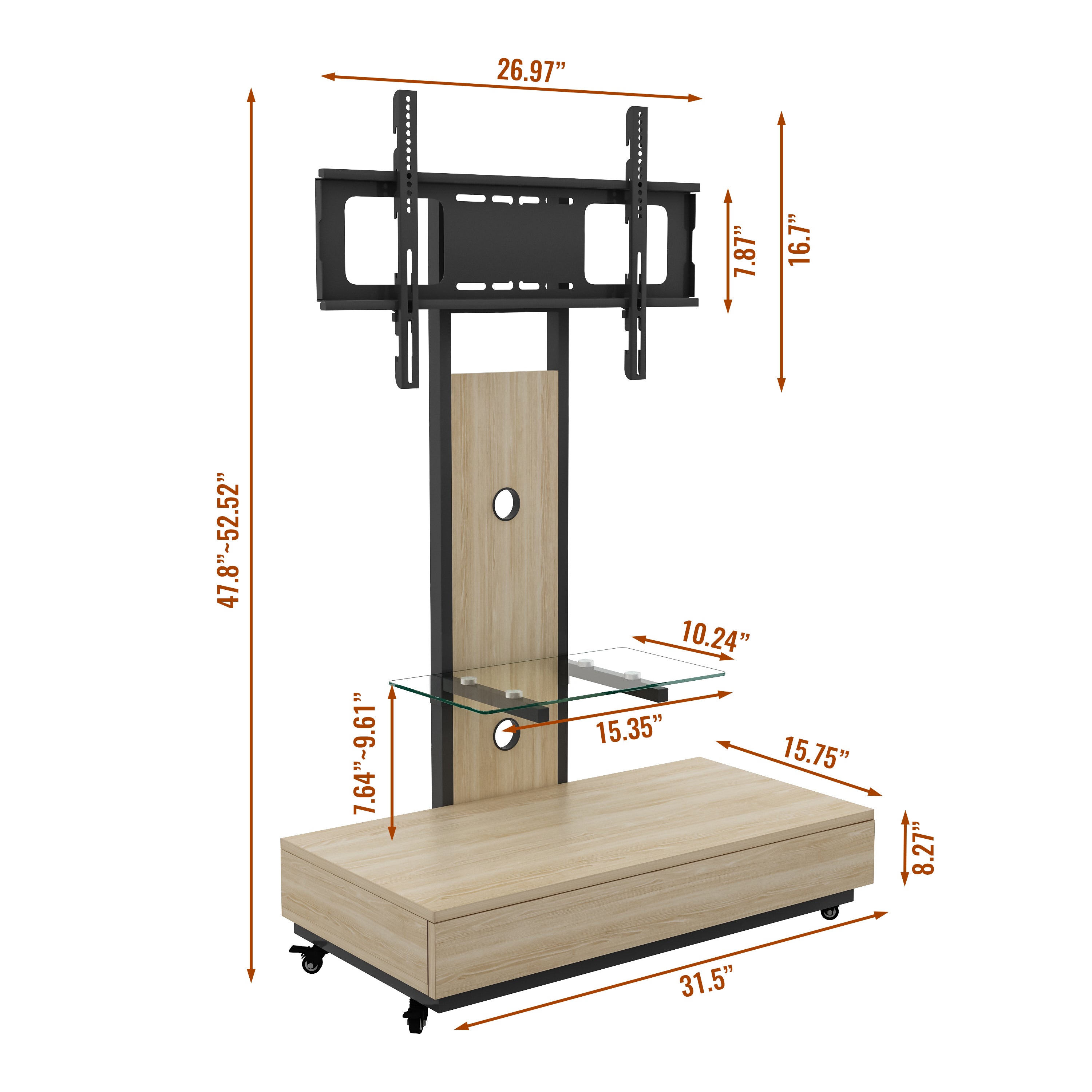 Mobile TV Cart with Push-Pull Drawer for 32-75 Inch TVs, Natural Wood & Glass Stand with Lockable Wheels - Grand Goldman Shop