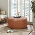 Upholstered Round Ottoman,PU Leather, Cognac Brown - Grand Goldman Shop