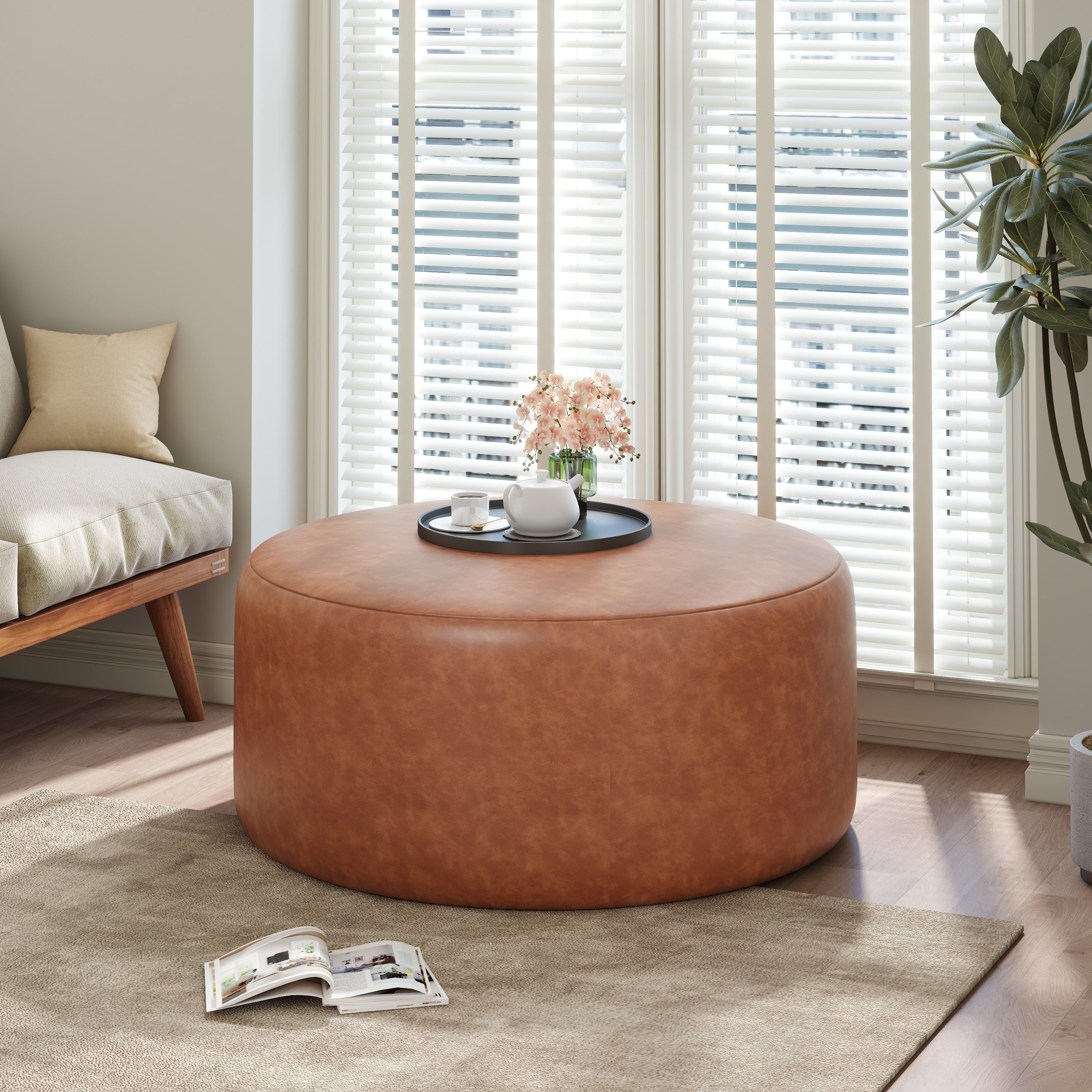 Upholstered Round Ottoman,PU Leather, Cognac Brown - Grand Goldman Shop