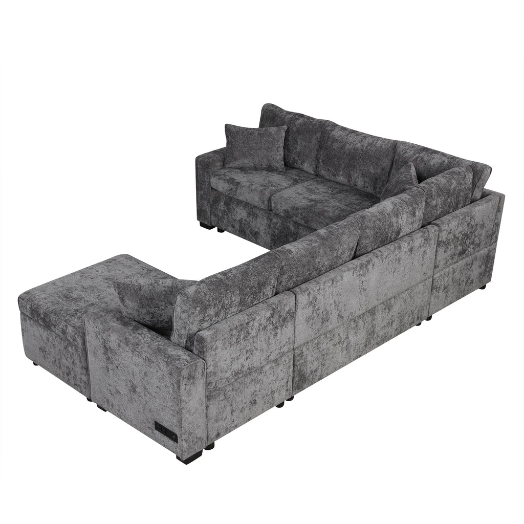 Modern Sectional Sofa Pull-out Sleeper with Storage Ottoman, USB Charging, Grey Tweed Chenille, 112.2' - Grand Goldman Shop