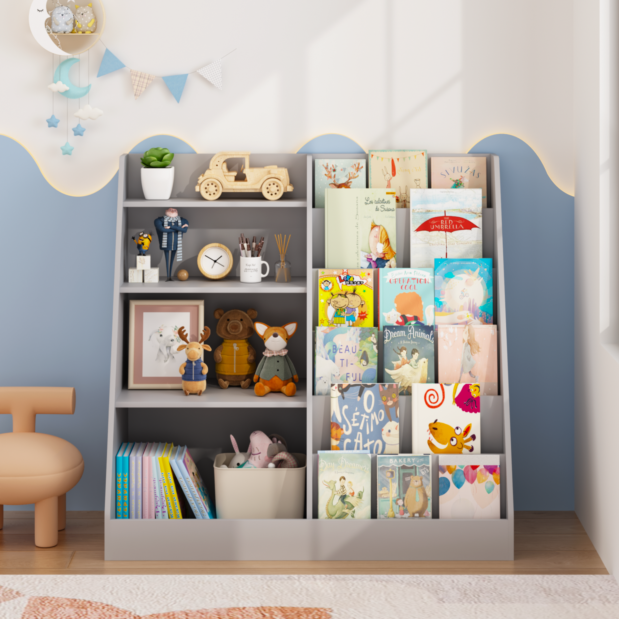 Kids Bookshelf and Toy Storage Organizer, Multifunctional 4 Tier Wooden Kids Book Shelf with  Bookcase Display Stand in Kids 