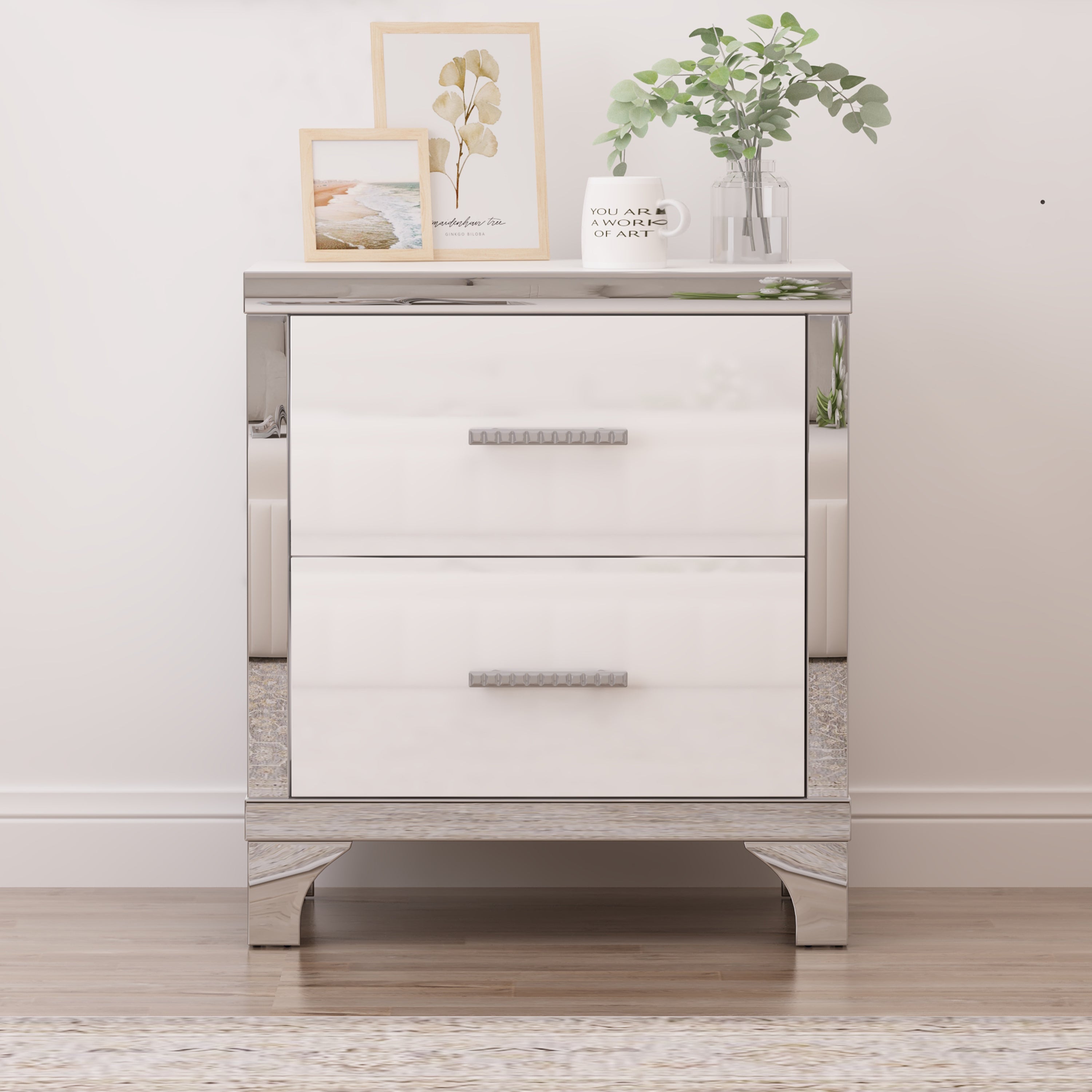 Elegant High Gloss Nightstand with Metal Handle,Mirrored Bedside Table with 2 Drawers for Bedroom,Living Room,White - Grand Goldman Shop