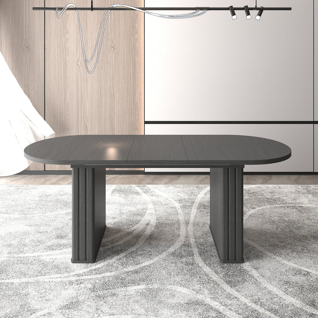 Kitchen extendable dining table for 4-8 people, oval kitchen table with wooden strip base for family living room (black) - Grand Goldman Shop