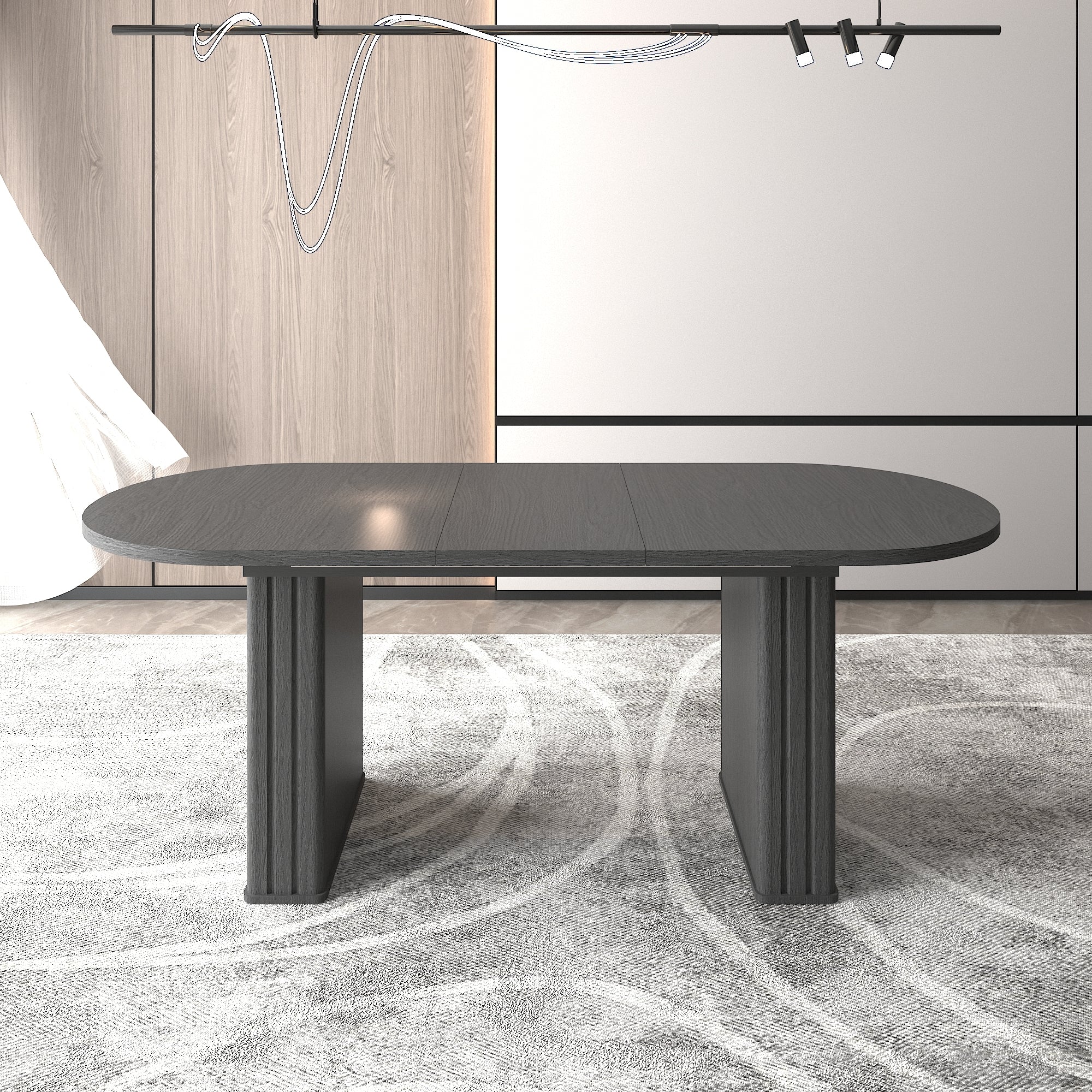 Kitchen extendable dining table for 4-8 people, oval kitchen table with wooden strip base for family living room (black) - Grand Goldman Shop