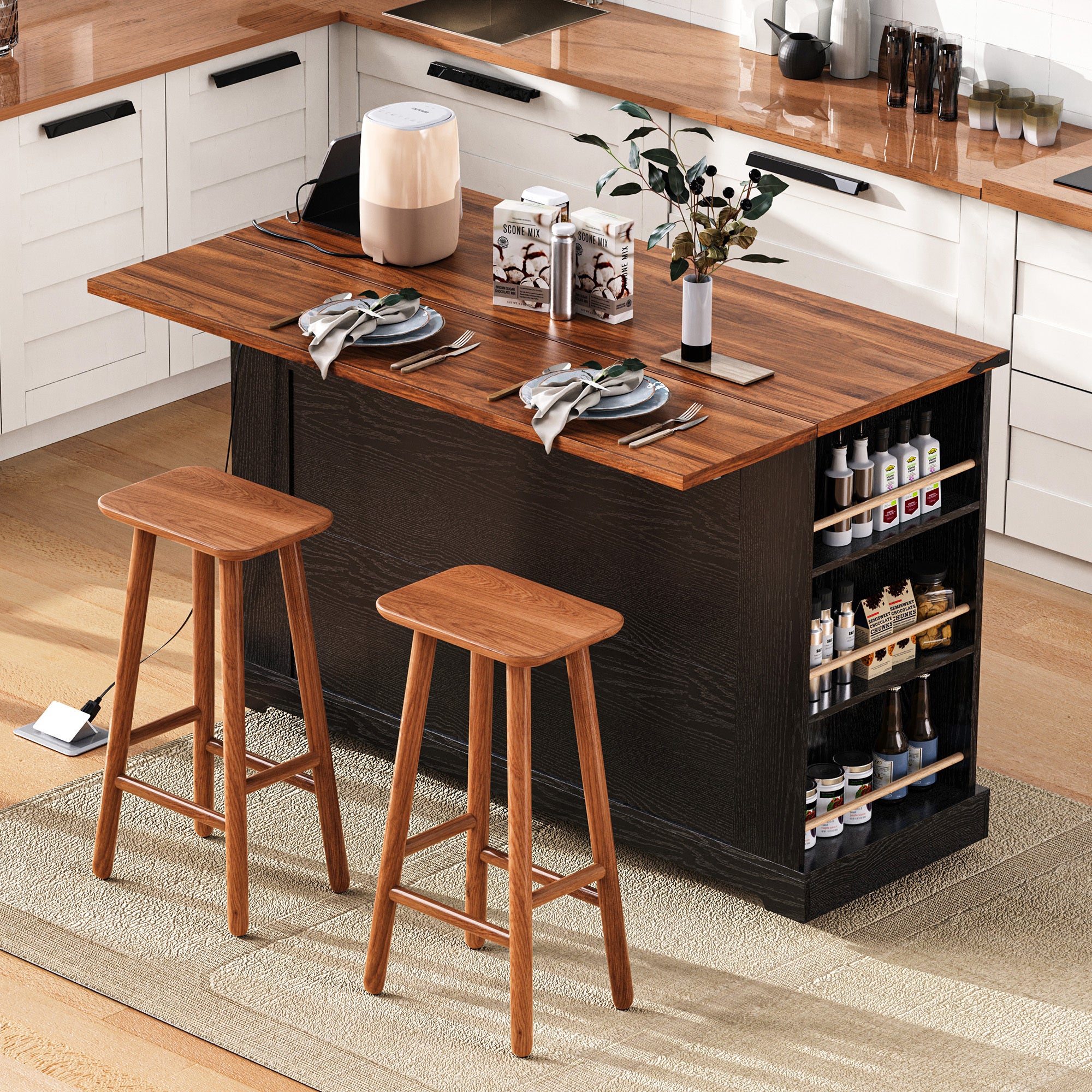 K&K 53'' Farmhouse Kitchen Island with Two Tempered Glass Cabinet Doors, Power Outlet, Rolling Kitchen Cart on Wheels with Drop Leaf, 5 Open Side Racks, 3 Drawers, for Kitchen, Dining Room, Black - Grand Goldman Shop