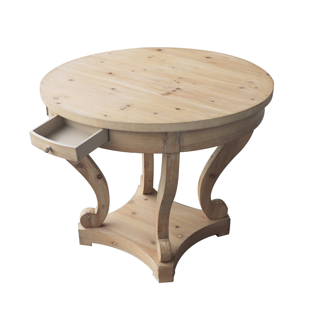 Farmhouse Style Round Dining Table with Curved Legs in Natural Wood Grain, Small Size, Distressed Finish - Grand Goldman Shop