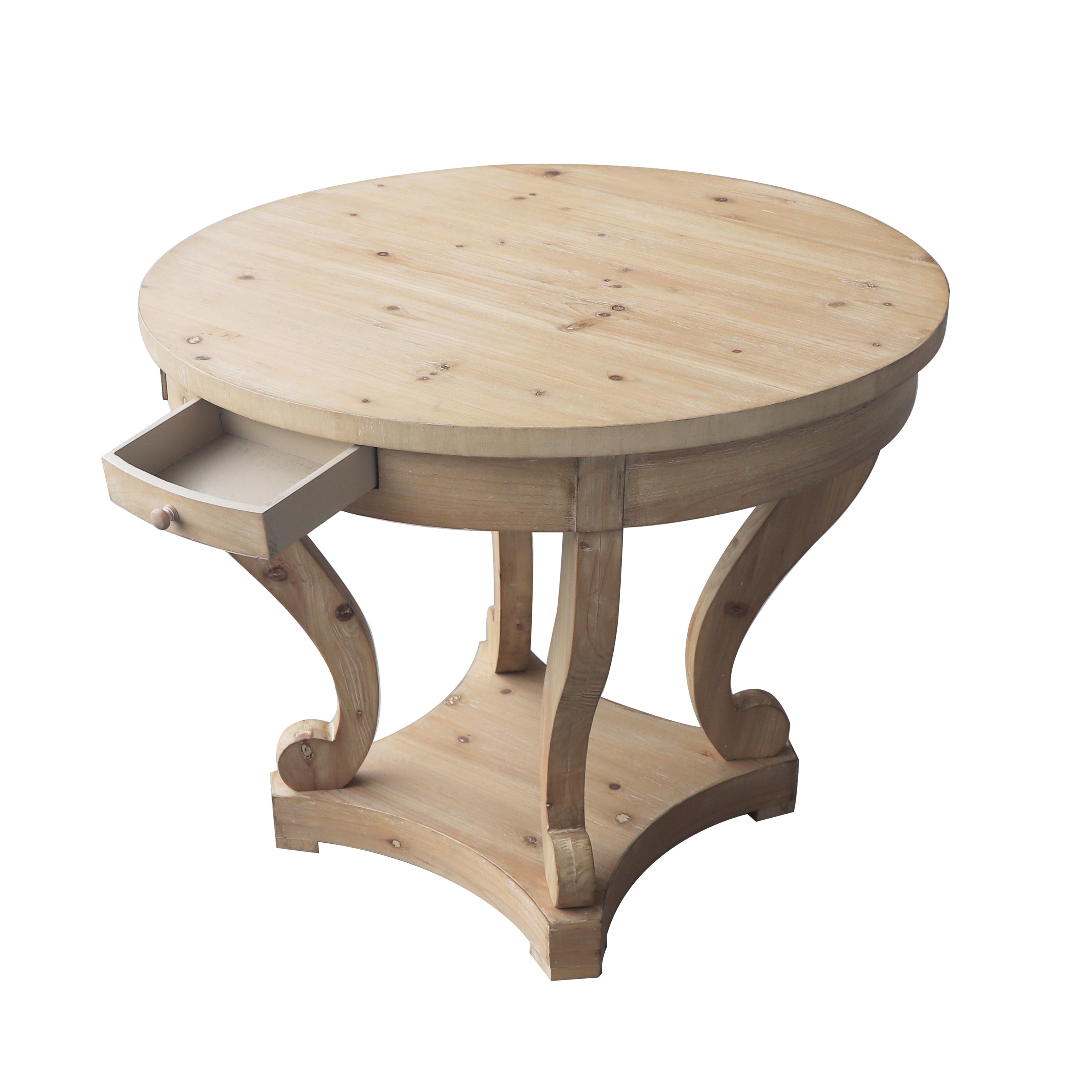 Farmhouse Style Round Dining Table with Curved Legs in Natural Wood Grain, Small Size, Distressed Finish - Grand Goldman Shop