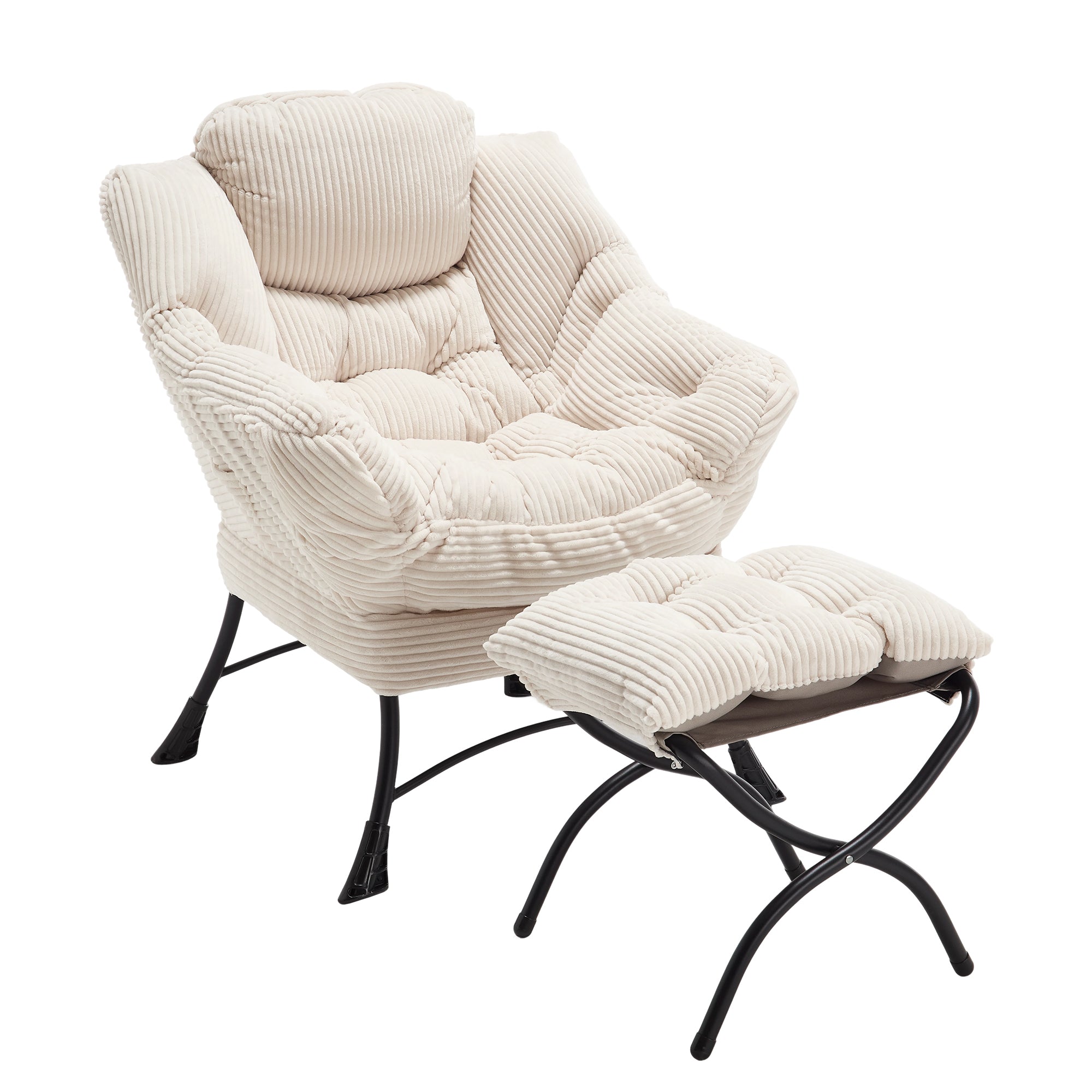Lazy Chair with Ottoman, Modern Lounge Accent Chair with Armrests and a Side Pocket, Leisure Upholstered Sofa Chair Reading Chair with Footrest for Small Space, Corner Chair-White - Grand Goldman Shop
