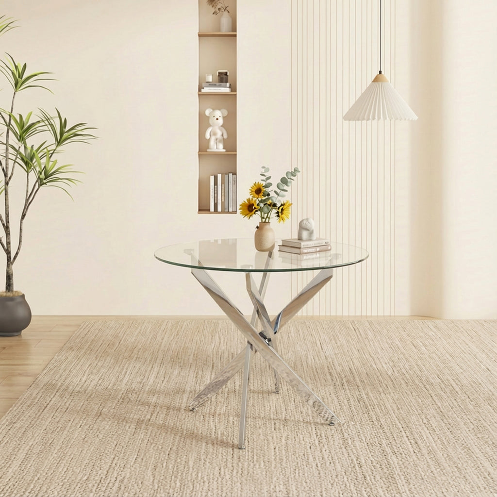 Round Dining Table, 35.5' Glass Dining Table with Silver Legs, Modern Kitchen Table for Home Kitchen, Dining Room - Grand Goldman Shop