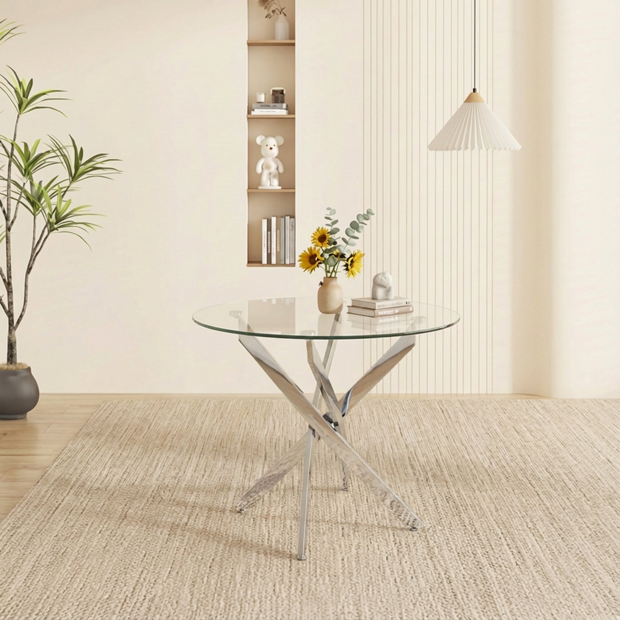 Round Dining Table, 35.5' Glass Dining Table with Silver Legs, Modern Kitchen Table for Home Kitchen, Dining Room - Grand Goldman Shop