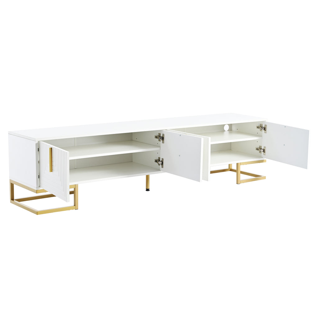 ON-TREND Modern TV Stand with Metal Legs and Gold Handles for TVs Up to 80'', Media Console Table with Cabinets and Adjustable Shelves, Luxury TV Cabinet with Geometric Lines for Living Room, White - Grand Goldman Shop