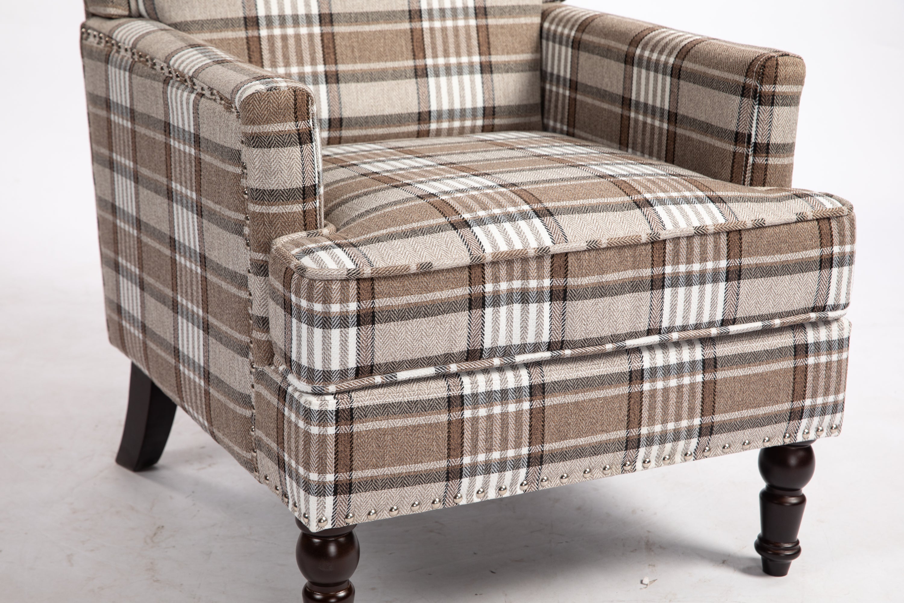 Upholstered Accent Chair, Vintage Armchair with Brown Linen Fabric and Nailhead Trim for Living Room - Grand Goldman Shop