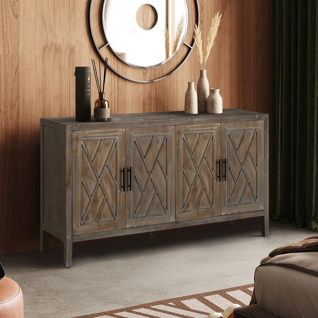 60 inches Modern Farmhouse Accent Cabinet with 4 Doors and Adjustable Shelf Wood Sideboard Buffet Cabinet Console Table Credenza Buffet Table for Kitchen Dining Room Entryway Hallway(Antique Brown) - Grand Goldman Shop