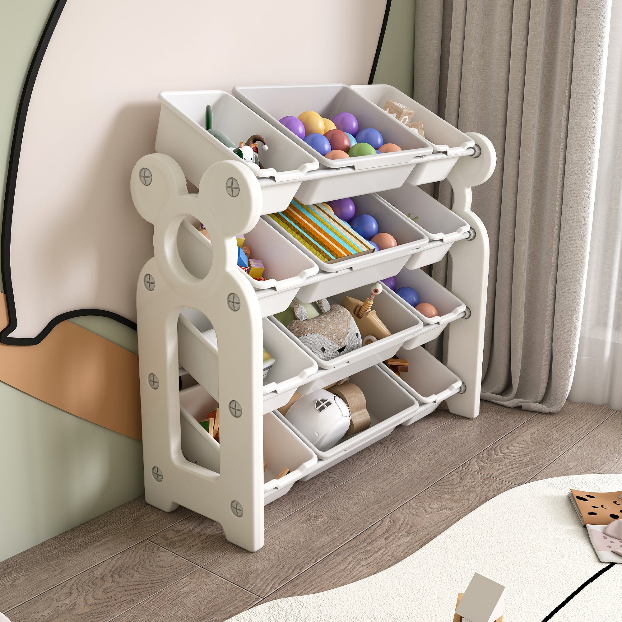 Multi-functional Kids Toy Storage Organizer Cabinet with HDPE Shelf and 12 Bins, Grey White, 33.07 x 14.17 x 33.86 inches - Grand Goldman Shop