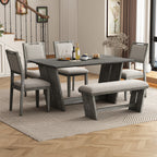 TREXM 6-Piece Retro Dining Table Set for 6, 60' Wood Kitchen Table and Chairs Set of 4 with Bench Designed Trestle Base for kitchen & Dining Room (Gray) - Grand Goldman Shop