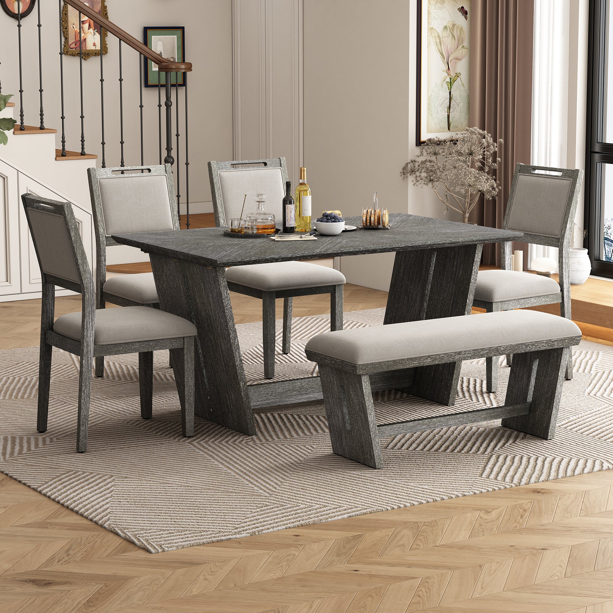 TREXM 6-Piece Retro Dining Table Set for 6, 60' Wood Kitchen Table and Chairs Set of 4 with Bench Designed Trestle Base for kitchen & Dining Room (Gray) - Grand Goldman Shop