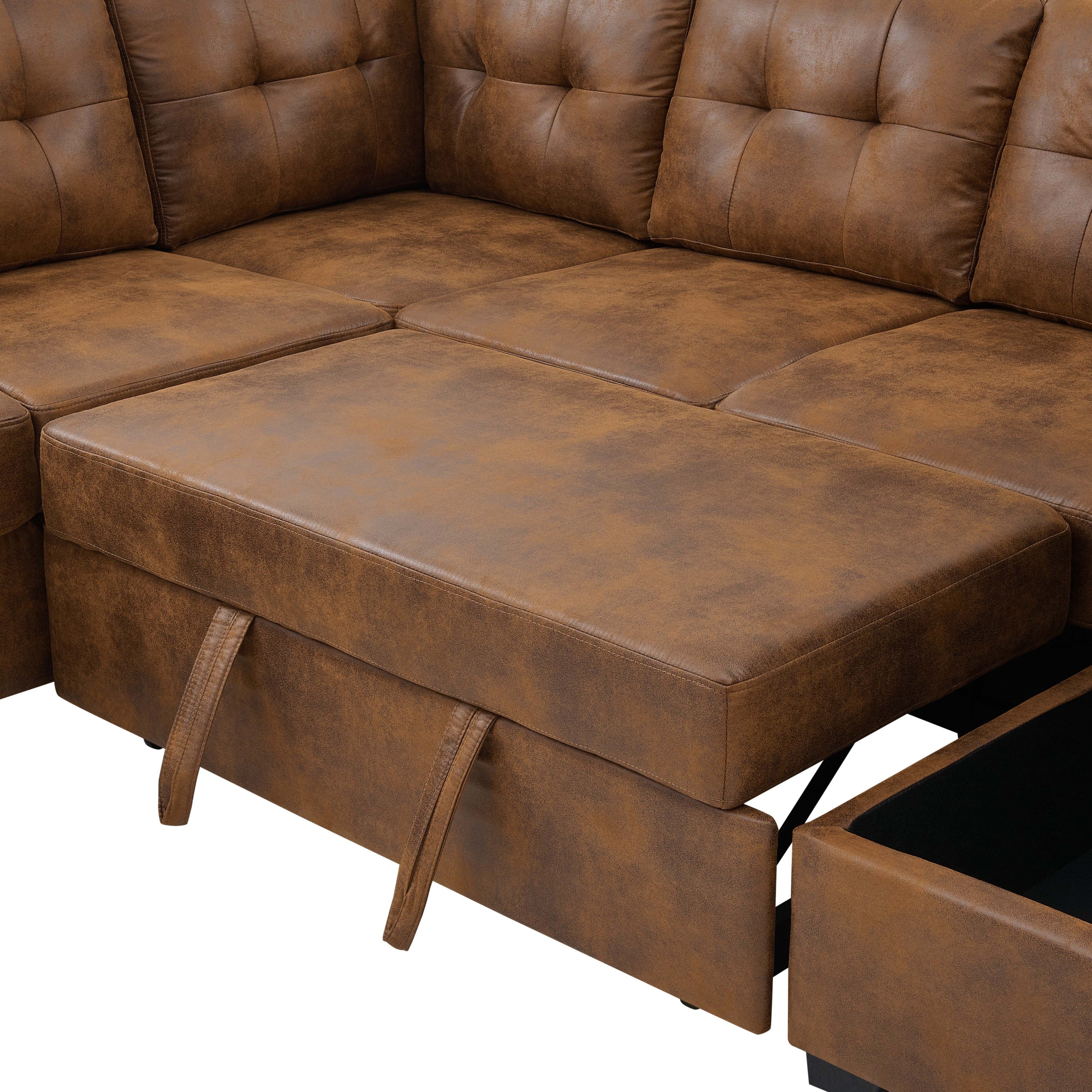 Faux Leather Fabric U-Shape Sectional Sleeper Sofa (Pull-Out Bed) With Storage Chaise - Grand Goldman Shop