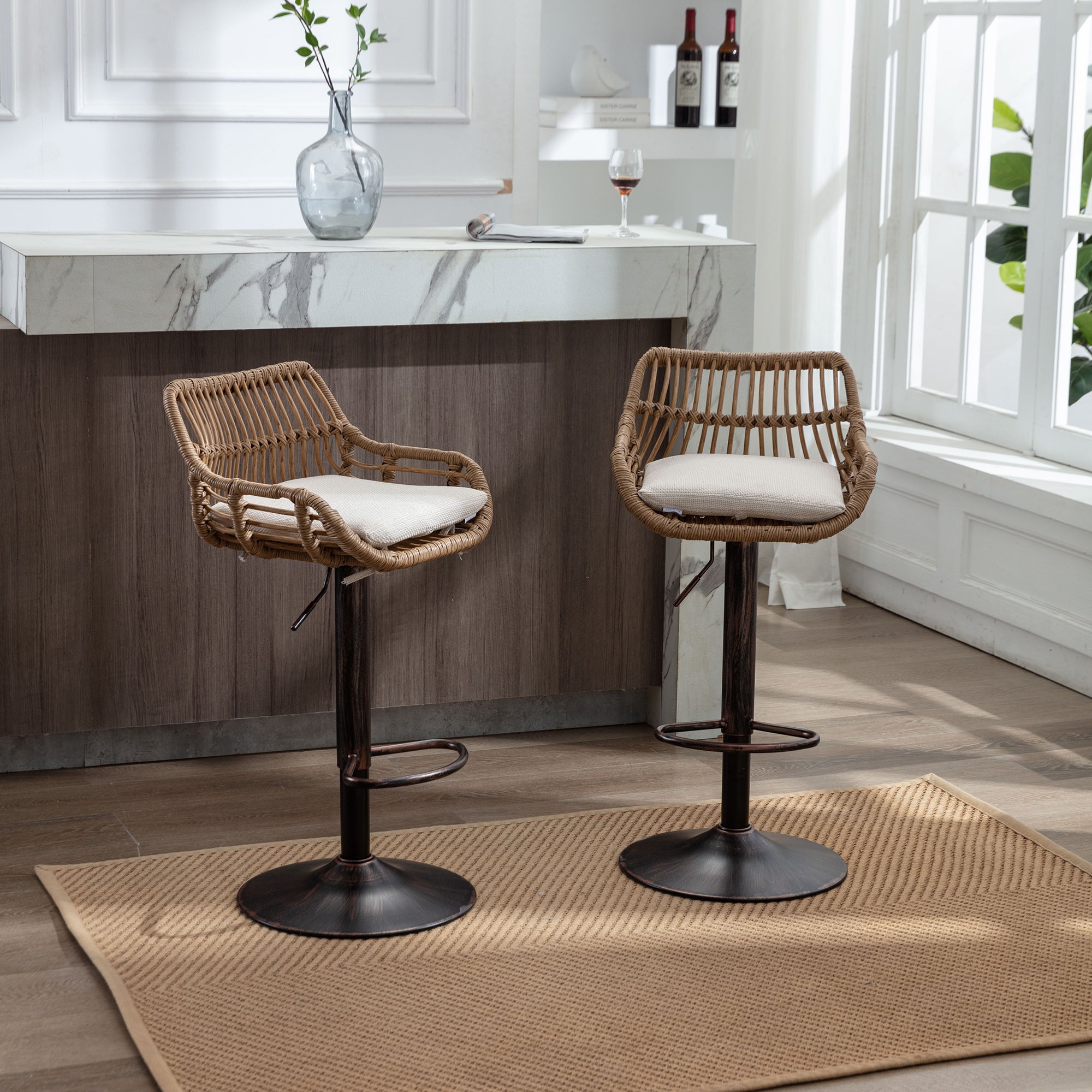 COOLMORE Modern Swivel Bar Stools Set of 2 with Adjustable Counter Height and Footrest in Beige Linen - Grand Goldman Shop