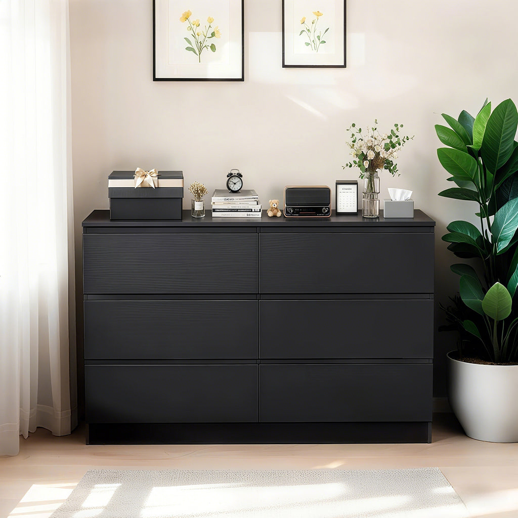 Modern 6 Drawer Dresser with Spacious Countertop and Concealed Handles, Storage Cabinet for Bedroom and Living Room, Black MDF - Grand Goldman Shop