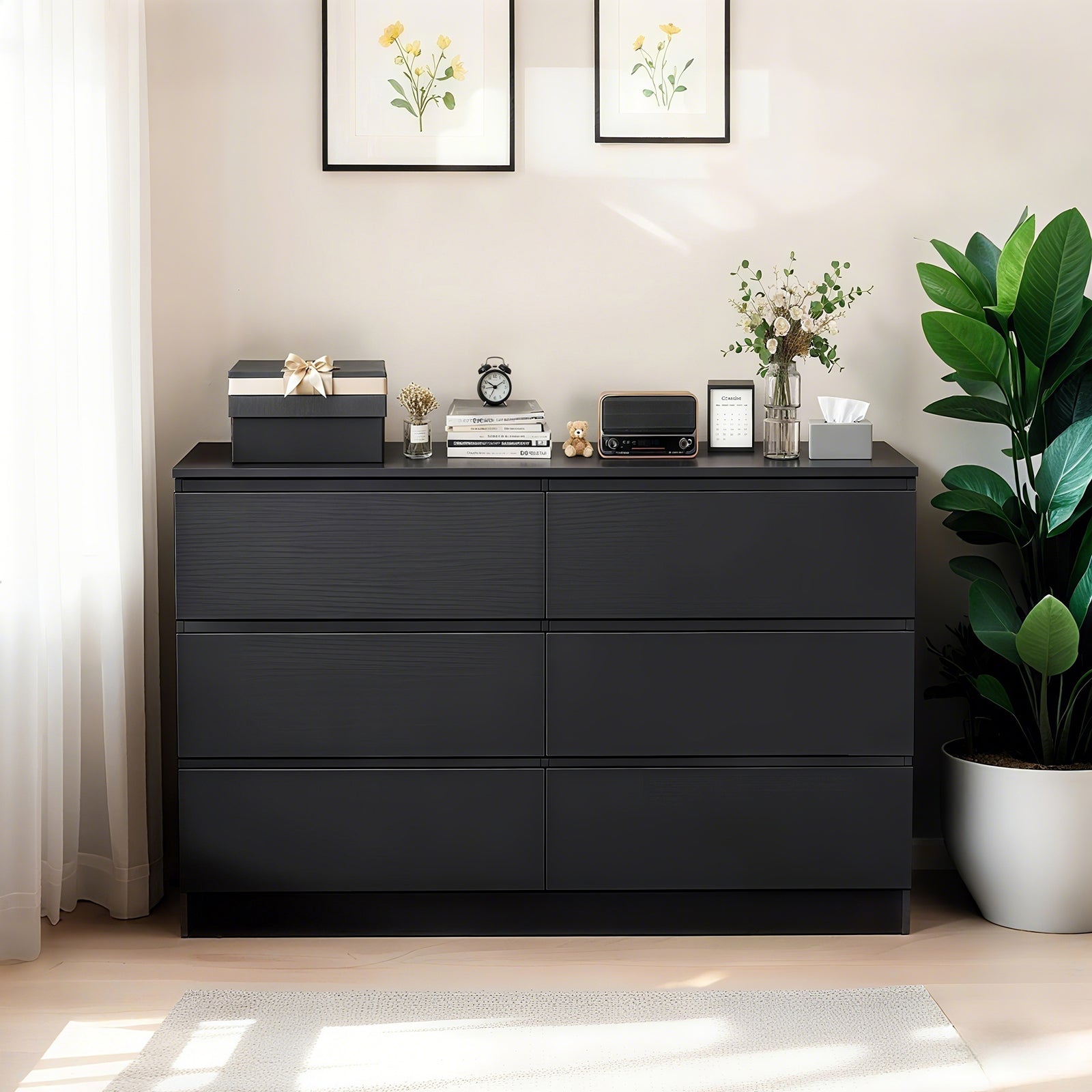 Modern 6 Drawer Dresser with Spacious Countertop and Concealed Handles, Storage Cabinet for Bedroom and Living Room, Black MDF - Grand Goldman Shop