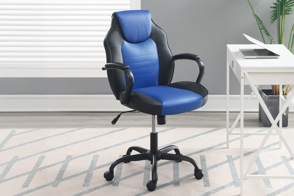 Gaming Office Chair Blue And Black Faux Leather 1pc Chairs Casters Plush Padded Chair w Arms Comfortable Modern Stylish | Pre