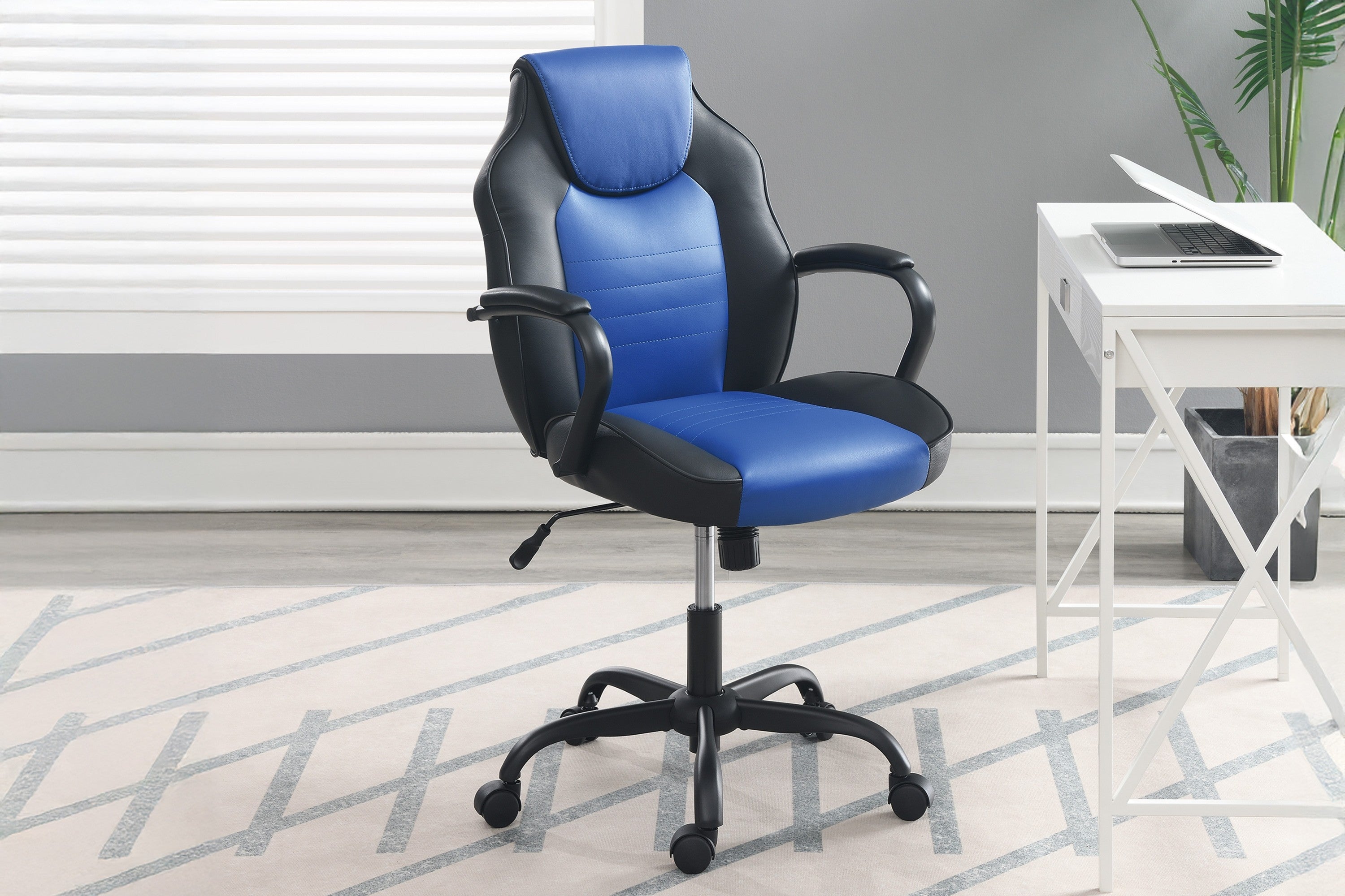 Gaming Office Chair Blue And Black Faux Leather 1pc Chairs Casters Plush Padded Chair w Arms Comfortable Modern Stylish | Pre