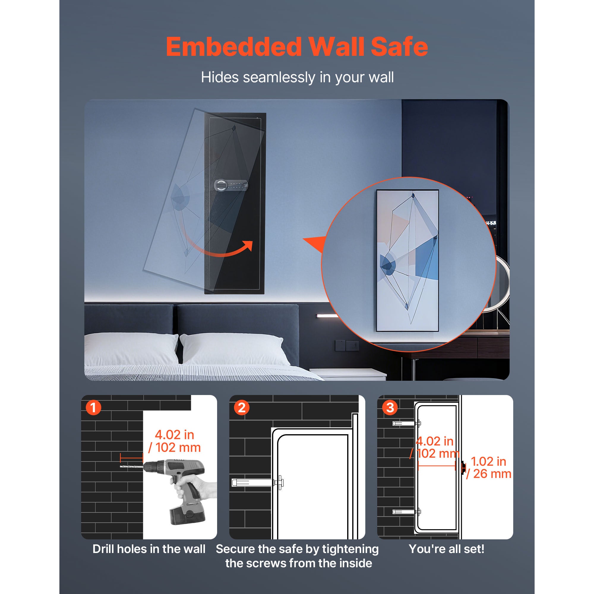 Wall Safe, 4-Tier Hidden Wall Mounted Gun Safe with Password & Key, Q235 Cold-Rolled Steel In-Wall Box with LED Lighting, 3 A