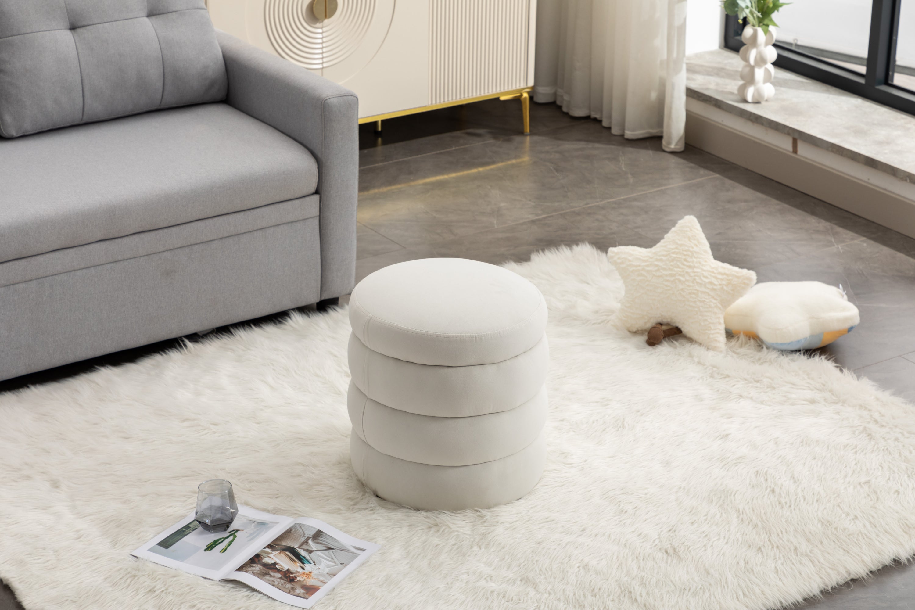 006-Soft Velvet  Round Ottoman Footrest Stool,Ivory - Grand Goldman Shop