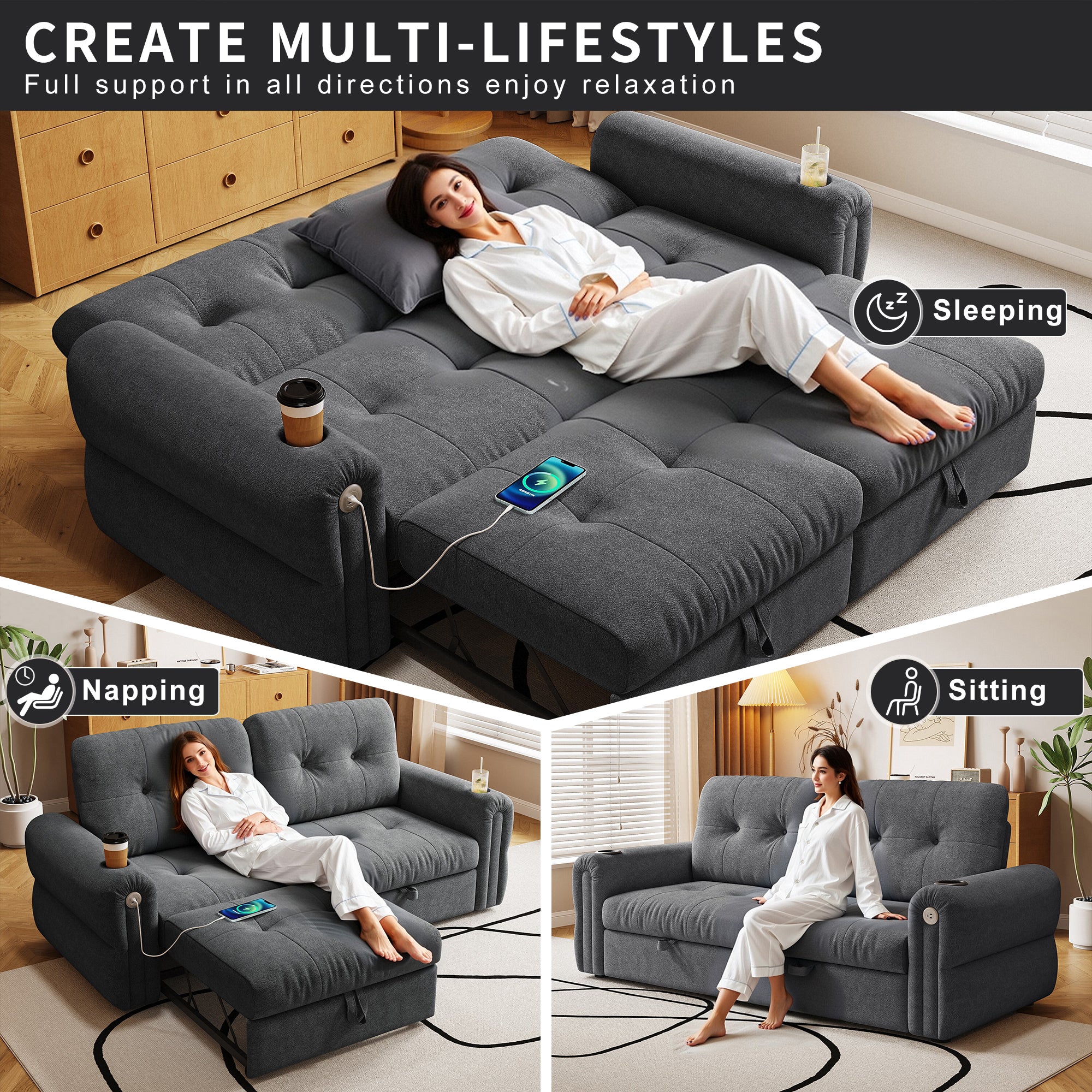It is a multi-functional sofa, a 77-inch convertible sofa bed, and a 2-in-1 piece suitable for both sitting and lying down. Made of  Chenille fabric, it is suitable for living rooms, bedrooms - Grand Goldman Shop