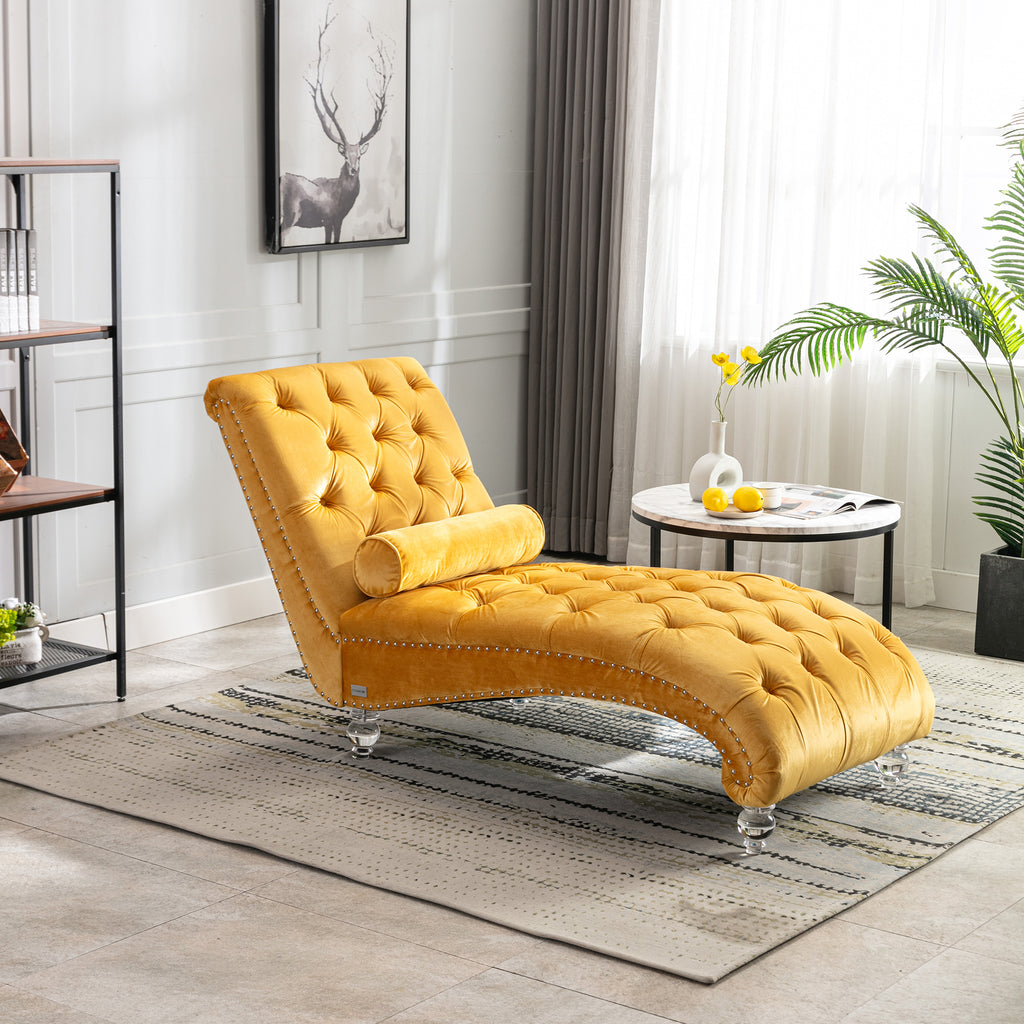 Velvet Button-Tufted Upholstered Chaise Lounge Chair with Pillow for Bedroom Living Room Office, Mustard - Grand Goldman Shop